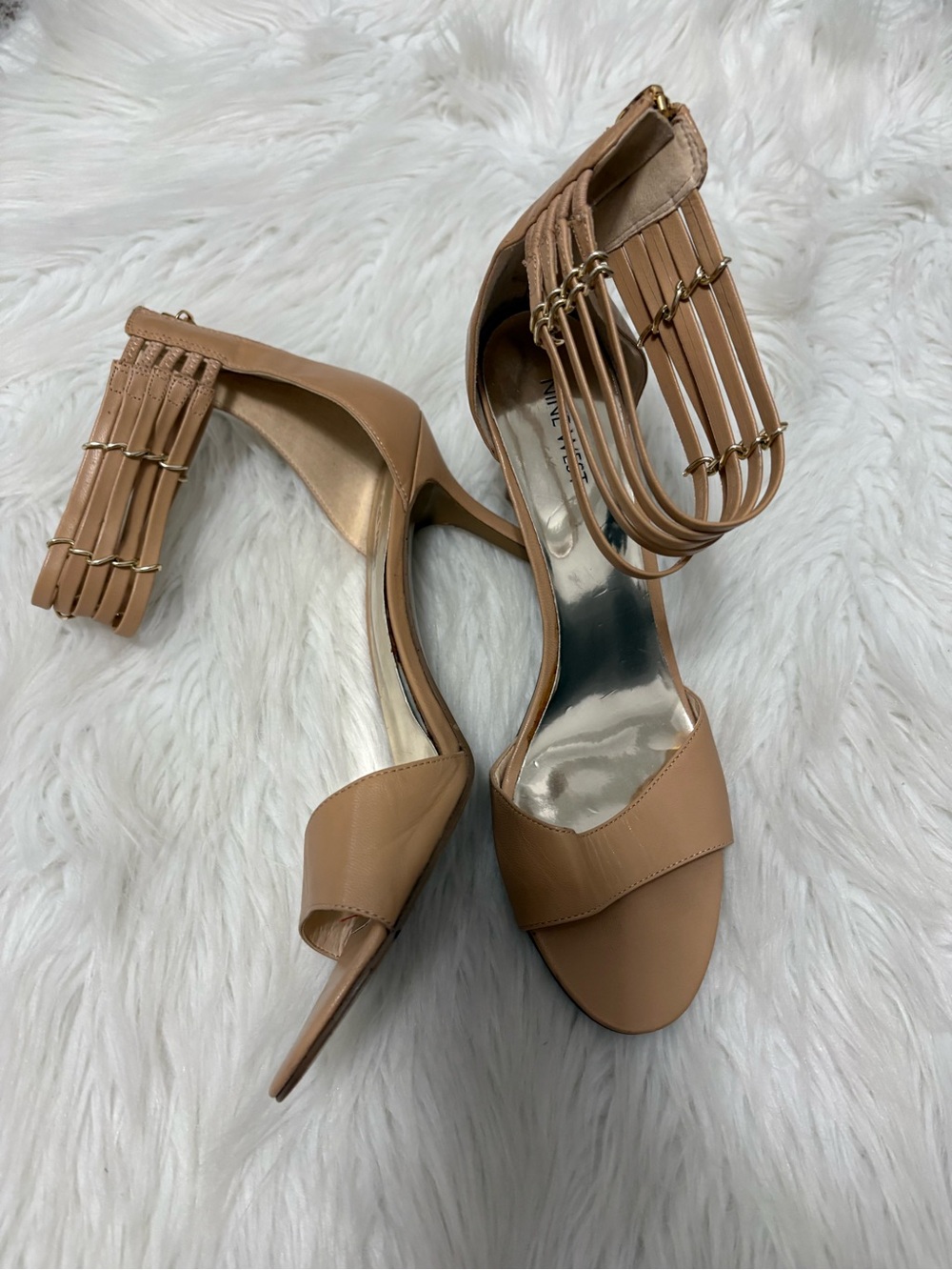 Nine West Ghadess Leather Natural Nude Tan Open Toe Ankle Strap Metallic Heels